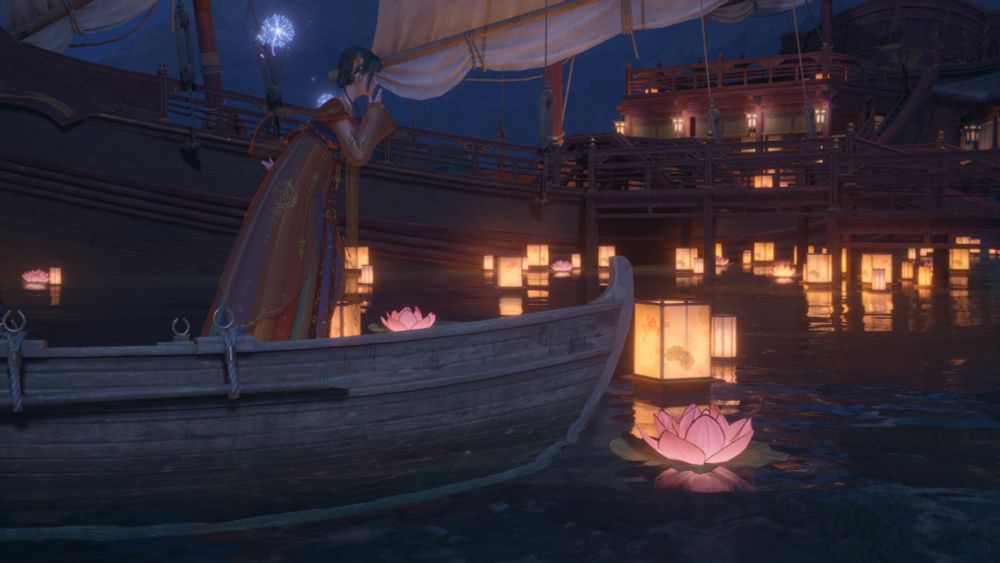 The screenshot captures an evening scene by the lake. In the background, one can see a large wooden ship (the white jade). It is so close that one cannot see the end nor beginning of it. In the foreground, a wooden boat floating on the water is visible. Nikki is standing inside the boat, wearing the peachy puff hairstyle and the auspicious song hanfu in red and blue. She is posing in the slightly surprised pose facing the right, looking onto the lanterns. Floating nearby as well as in the background are a multitude of glowing paper lanterns. Their warm light reflects on the surface of the lake. In the middle but slightly to the right side, a pink glowing water lily lantern can be found floating on the water near the boat. The atmosphere of the image appears tranquil and magical. 