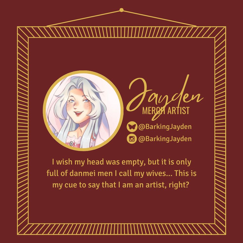 Graphic with dark red background. There is a stylised photo frame in gold, and inside it information about today's contributor, Jayden. The profile picture is to the left, and next to it the name, role, and social media accounts. Below is a short bio from the contributor