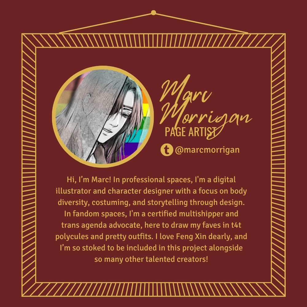 Graphic with dark red background. There is a stylised photo frame in gold, and inside it information about today's contributor, Marc Morrigan. The profile picture is to the left, and next to it the name, role, and social media accounts. Below is a short bio from the contributor