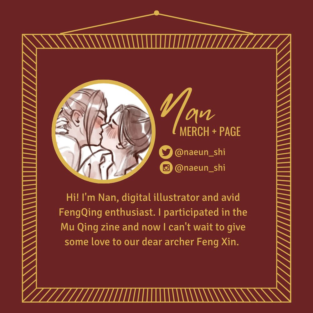 Graphic with dark red background. There is a stylised photo frame in gold, and inside it information about today's contributor, Nan. The profile picture is to the left, and next to it the name, role, and social media accounts. Below is a short bio from the contributor