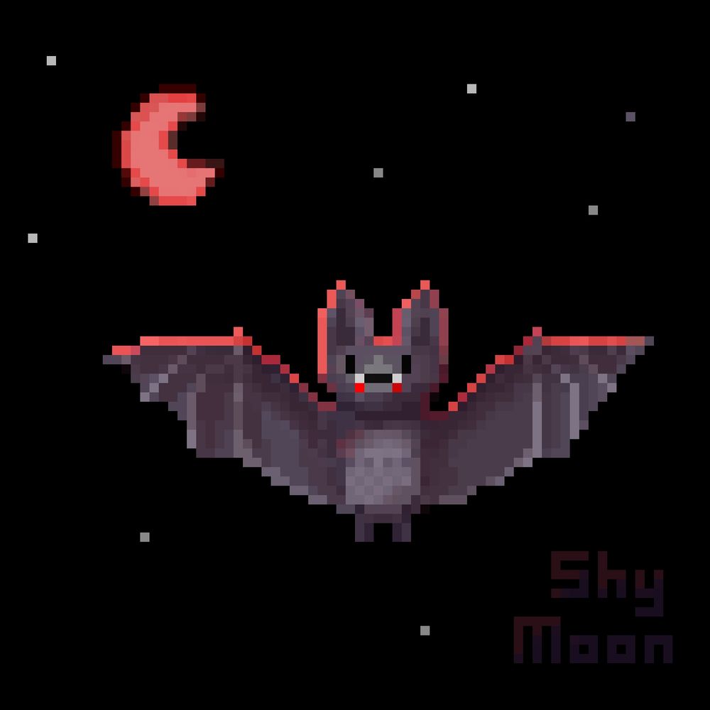 Pixel art black background with small red crescent Moon and a cute vampire bat with blood on is fangs he is in a red glow
