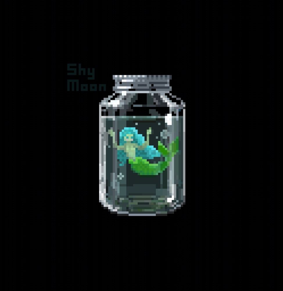 Pixel art by Shy Moon of a mermaid in a jar, she has blue hair and is mad looks like she's sticking up her middle fingers