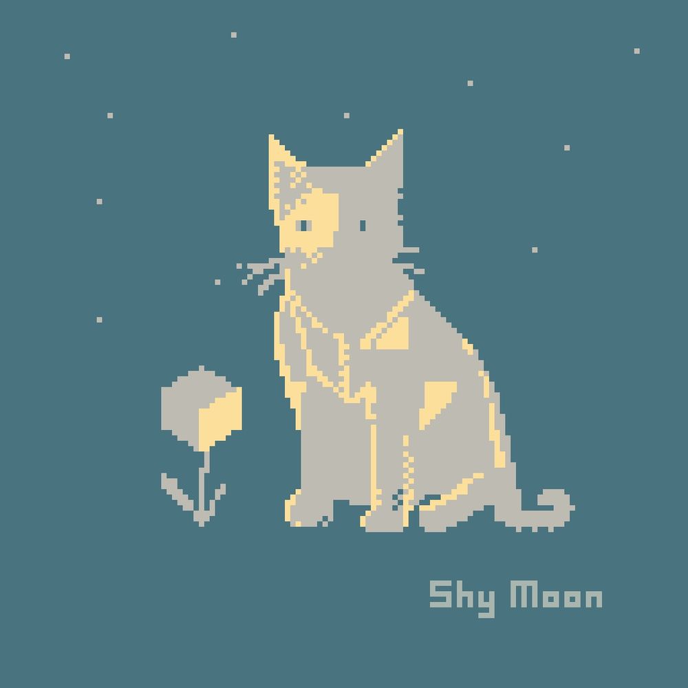 Pixel art of a cat with a cube flower and stars behind. Muted colors slightly cubist