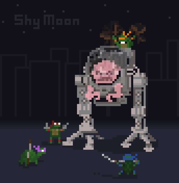 Pixel art with simple city Skyline, Krang from tmnt in bubble walker being surrounded by tiny versions of the tmnt
