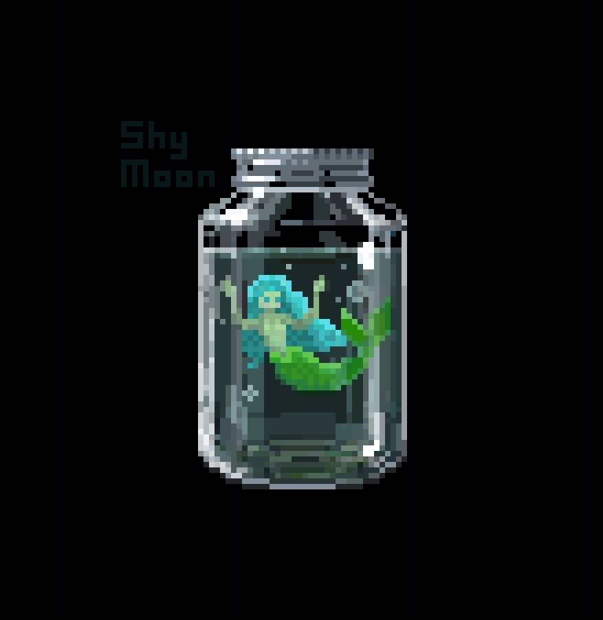 Small Pixel art of a blue haired mermaid in a glass jar filled with water. She looks annoyed and is flipping off the viewer. By ShyMoon 