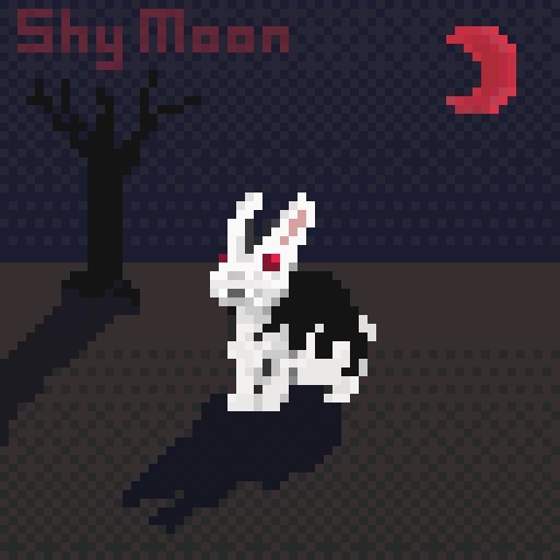 Pixel art of bunnicula a bunny with a black cape fur pattern, red eyes, and fangs. Sitting in the blood crescent moonlight with a dead tree. 