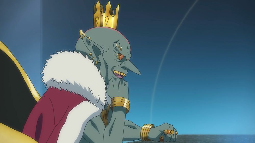 Korbeah Sebuld, a goblin with multiple gold piercings, wearing a royal coat, with a crown, sitting in a chair. 