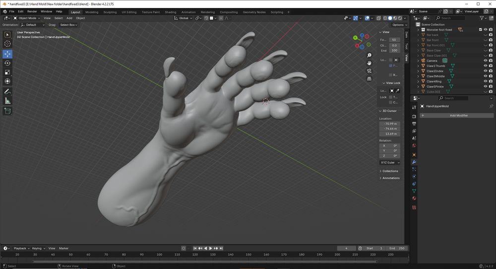 3d rendering in Blender of a clawed monster hand, intended to be 3d printed as a negative mold and cast in silicone