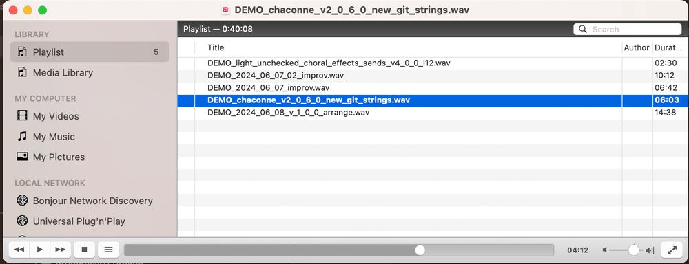 A screenshot of VLC on a Mac. Five tracks are listed, all titles prepended with DEMO, one is named “light unchecked” and says it is choral, one is titled “chaconne”, and three others are titled with the dates they were started. Total duration is 40 minutes.