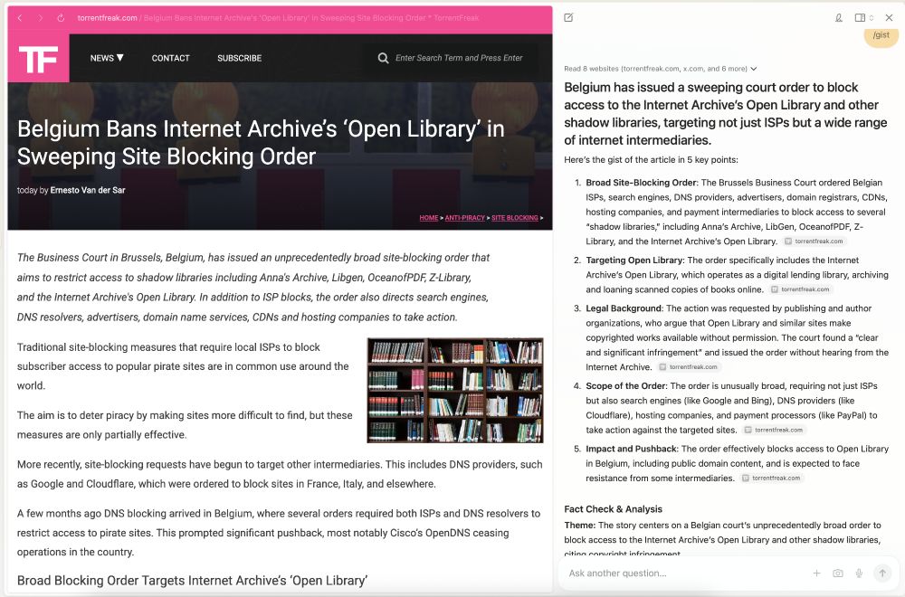 a screenshot of a browser opening a page on torrentfreak, the right part of the browser has a AI chat window and the output of the command /gist, that gets the gist of the page and fact-checks it.