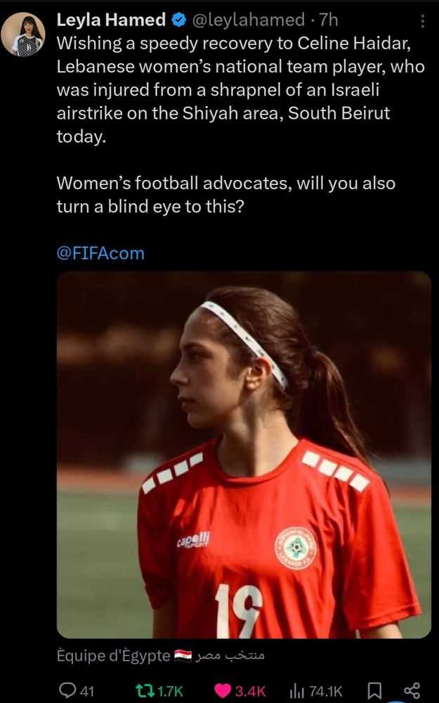 Photo of a post on X of Celine Haider, national player of Lebanon in her kit. Description is of how she was injured by an Israeli airstrip on the Shiyah area, South Beirut. 