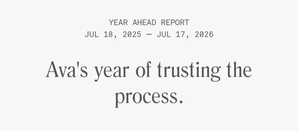 [Co star astrology]
Year ahead report
July 18, 2025 - July 17, 2026

Ava's year of trusting the process.

