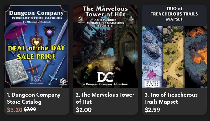 Catalog image featuring Dungeon Company Store Catalog for $3.20, The Marvelous tower of Hut for $2 and the Trio of Treacherous Trails Mapset for $2.99