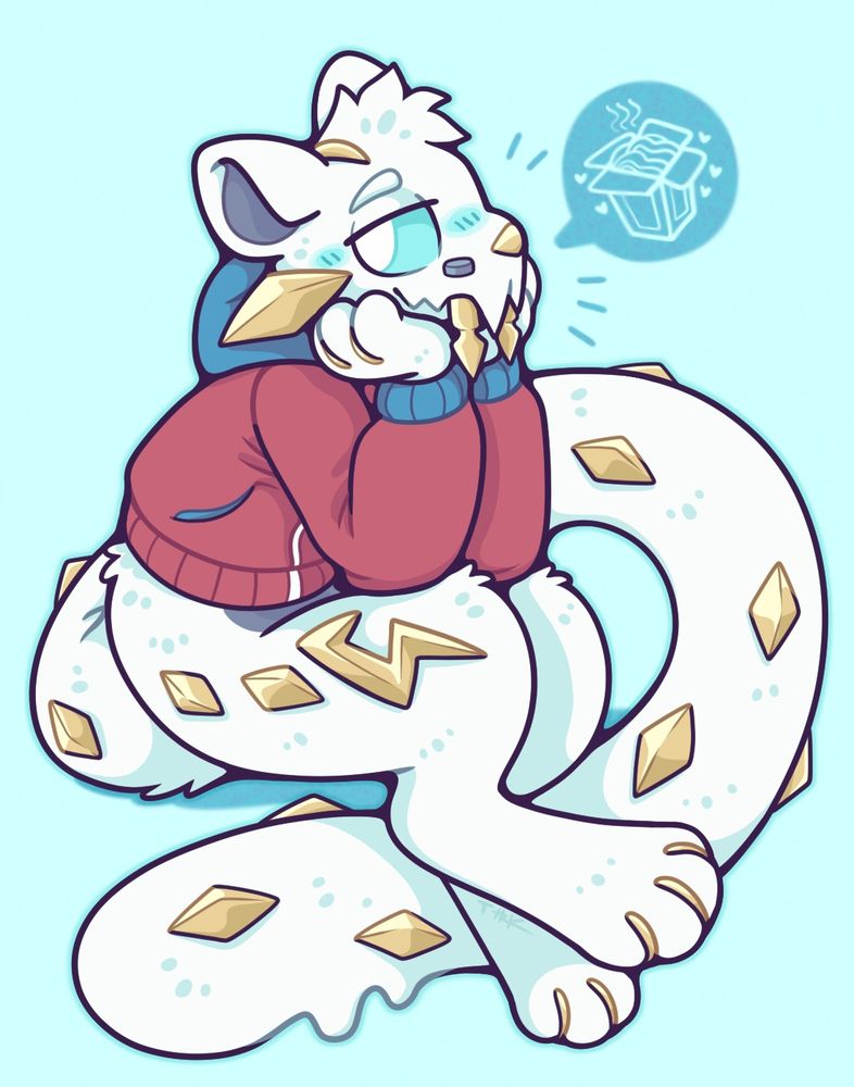 Knox sitting with his tail curled around him, daydreaming about a takeout box full of noodles