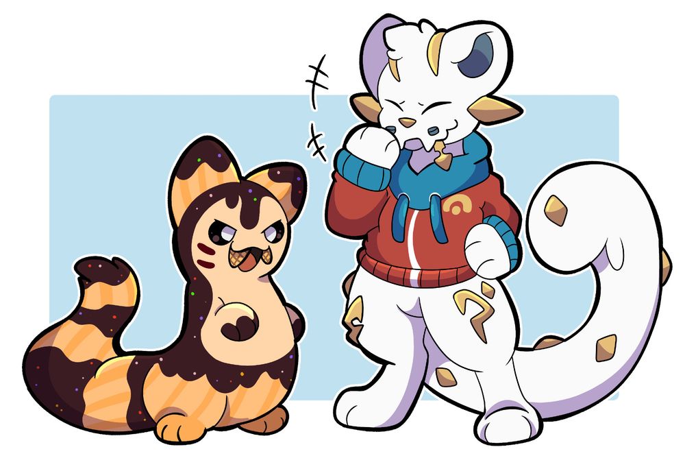 Millie with a pair of ice cream cones as "fangs". Knox is chuckling with amusement