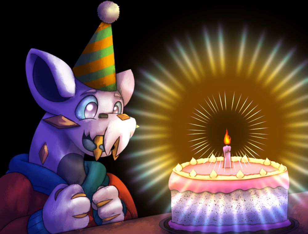 Knox looking excited, he has a white birthday cake with pink frosting!