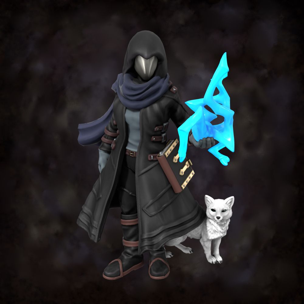 A woman wearing a mirrored faceless mask, a long black hooded coat, and a long blue scarf. She has a book strapped to her hip, and blue lightning shoots from her left hand. A small arctic fox stands behind her