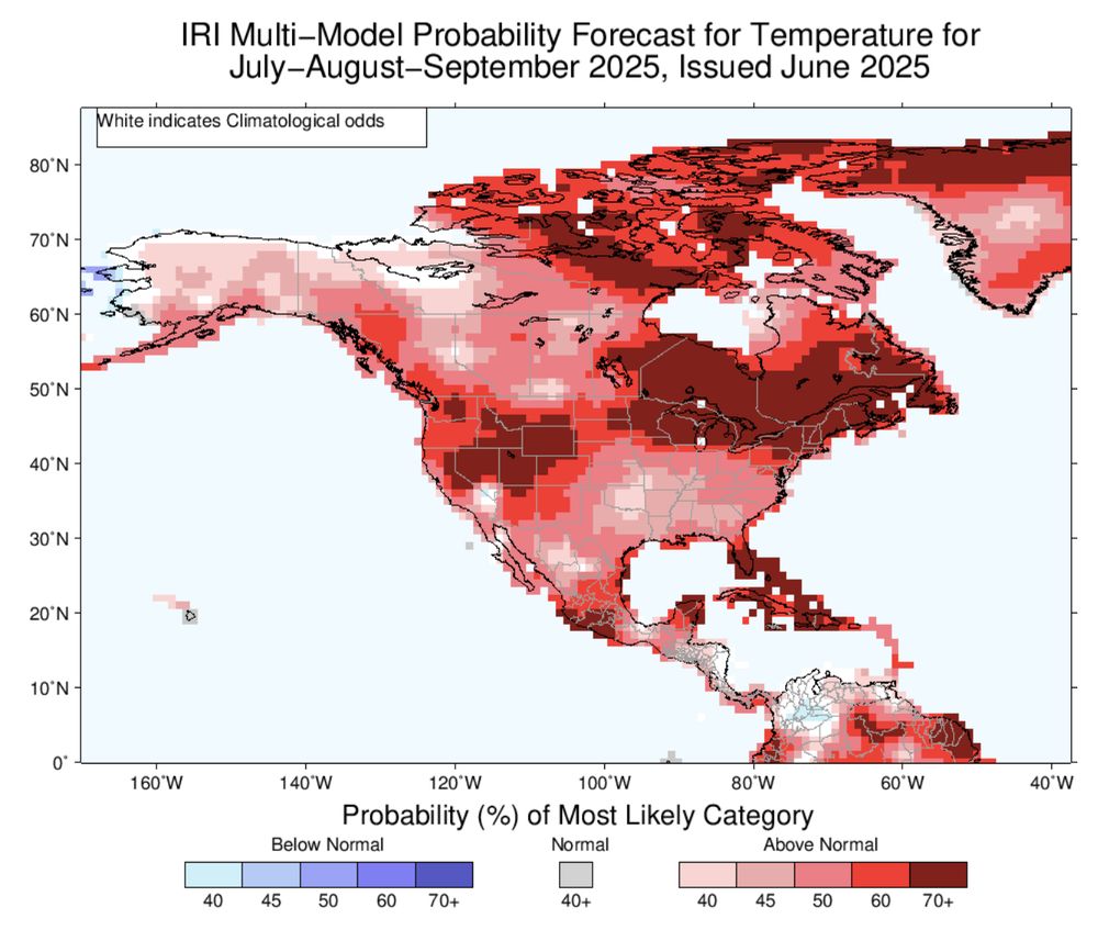 seasonal climate forecast for July August September shows above normal temperatures across north america, especially across the inland western states and the great lakes region.