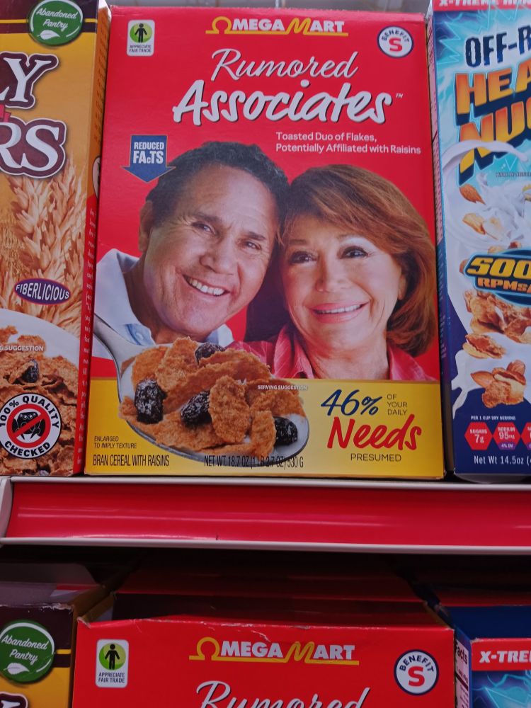 The picture shows a box of the fake cereal Rumored Associates, part of an art exhibit at Omega Mart, an immersive art experience at Area 15 in Las Vegas.