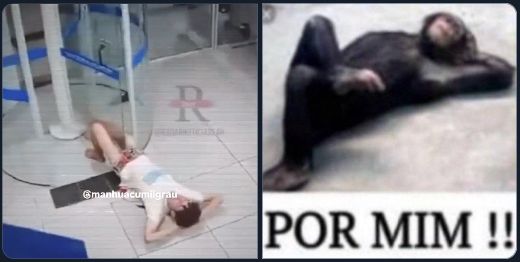  Imagem do ladrão que deitou em assalto ao banco ao lado do meme do macaco escrito "por mim"