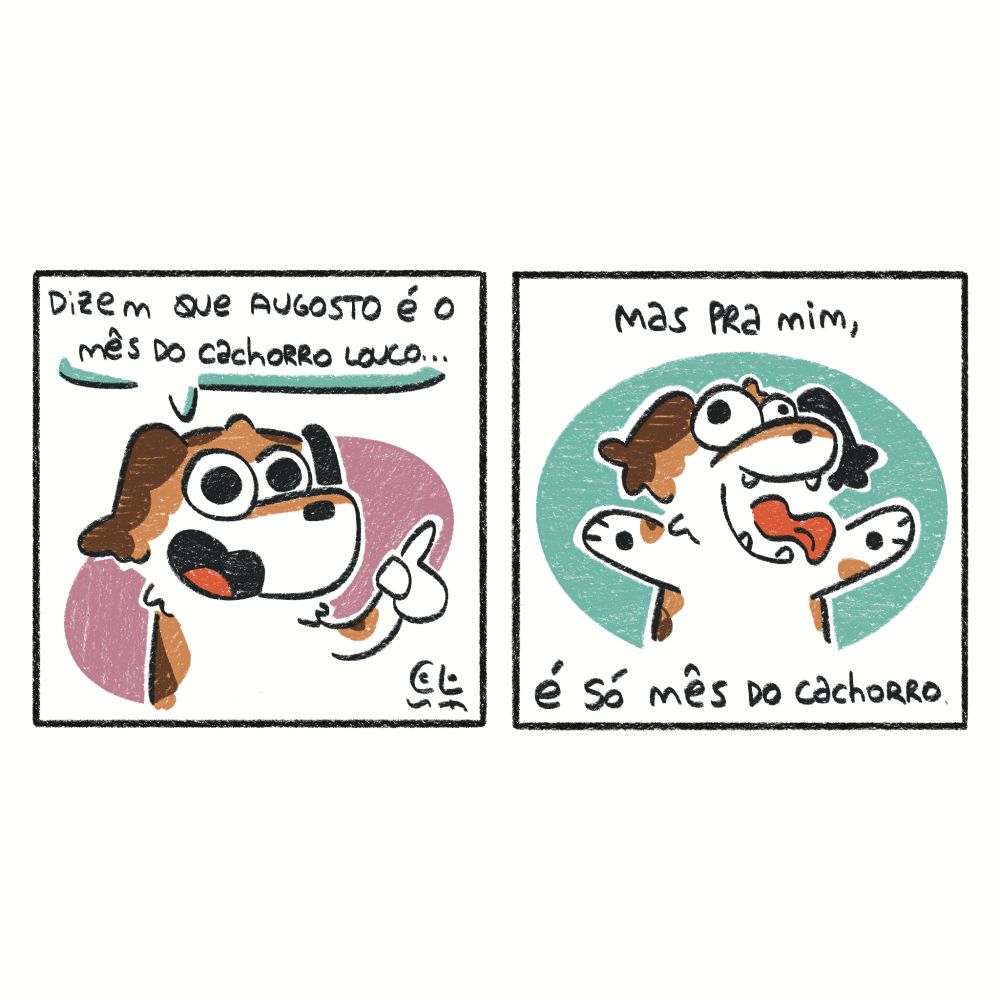 Tirinha em 2 quadros:
1 - Lana, a cachorrinha em tons de marrom, aparece falando "dizem que augosto é o mês do cachorro louco..."
2- Lana aparece com cara de maluca falando "mas pra mim, é só mÊs do cachorro".