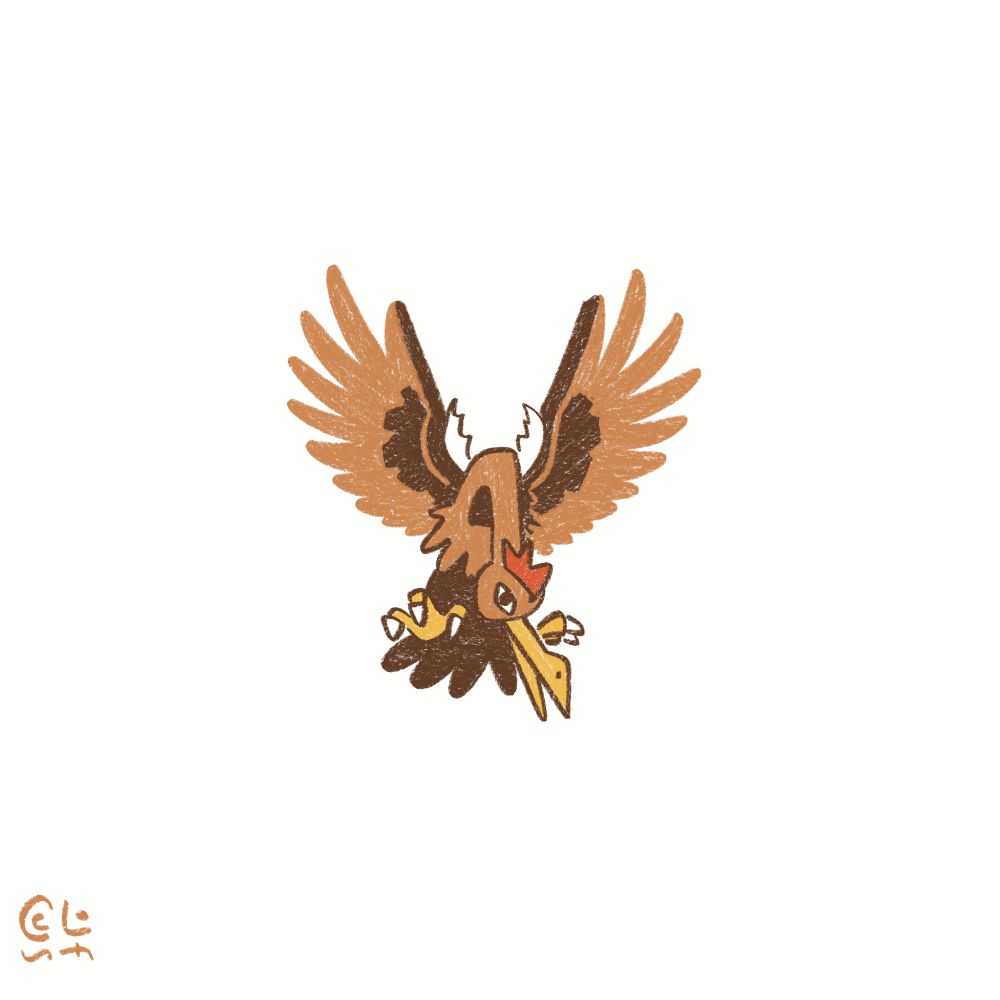 desenho digital do pokémon fearow em tons de marrom, amarelo e vermelho. ele é um pássaro com asas largas e um pescoço comprido, com um bico longo e uma crista vermelha na cabeça.