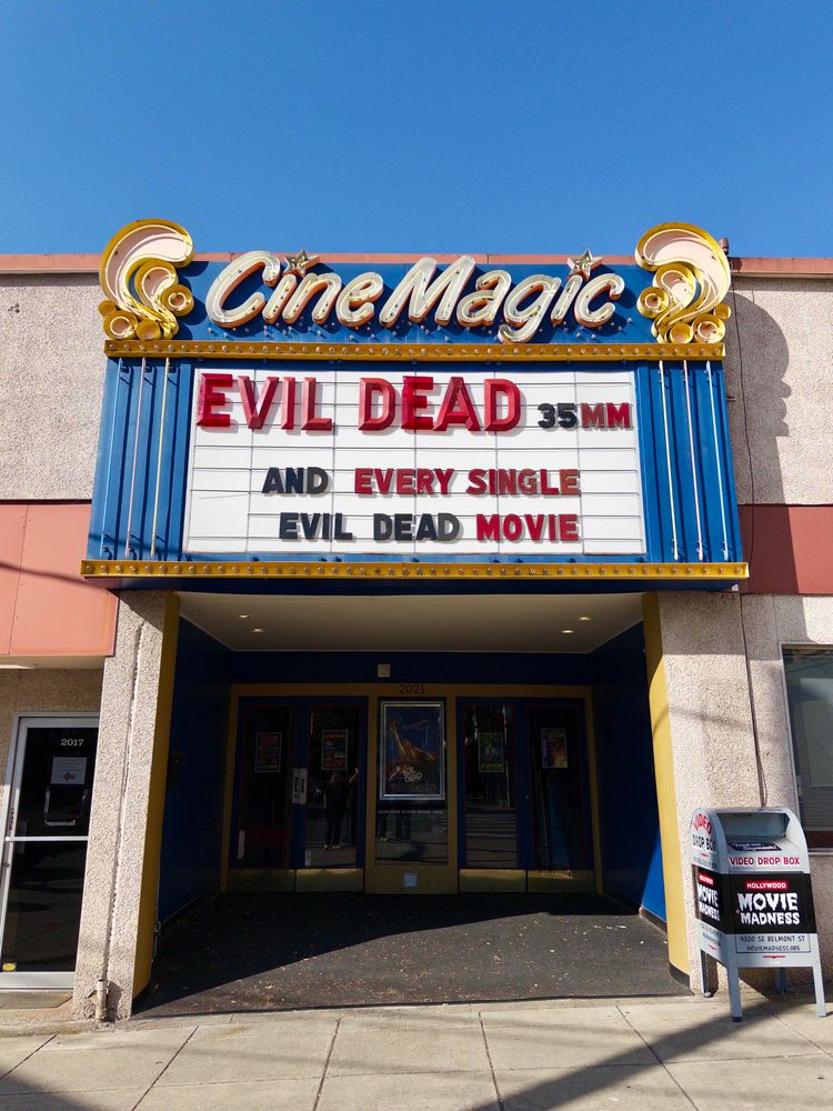 Marquee at the CineMagic theater showing Evil Dead in 35mm and every single Evil Dead movie. 