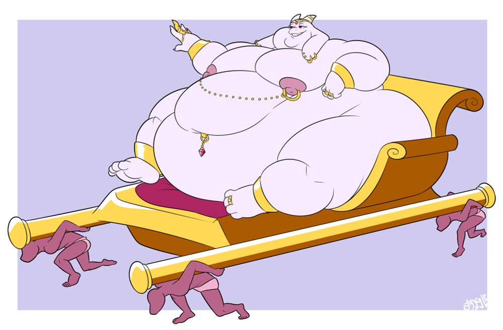 Toriel from Undertale/Deltarune but massively fat. Her body is covered in gold jewelry, which she admires as her struggling servants carry her on a palanquin.