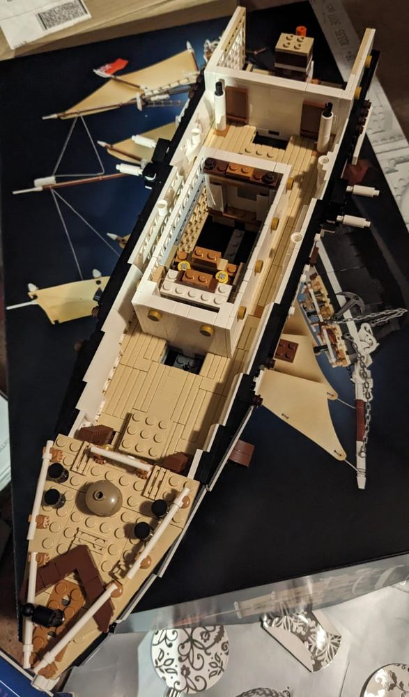 The front two thirds of a Lego model of a ship, top view 