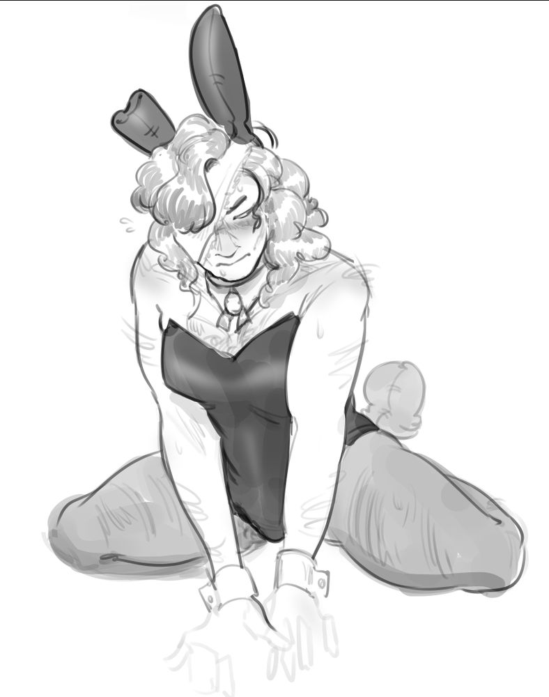my oc, trot, in the bunny suit. he bashfully looks away from the camera. 
