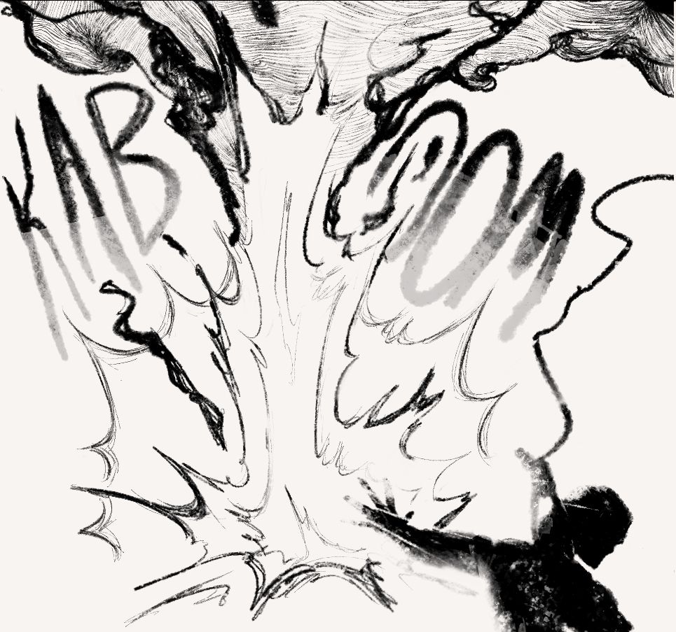 the keeper fires off a dramatic lightning bolt explosion with a deafening "KABOOM!" The explosion erupts into flames which billow out dark clouds of smoke. The keeper is turned away from the explosion, a slight facial profile being created by the blinding light of the lightning strike.