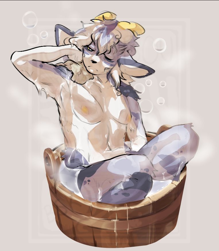 Art piece of my new dragon goat, based off a 50s-60s pinup pose. They sleepily glance off camera as they bath in a bucket of soapy water. 
