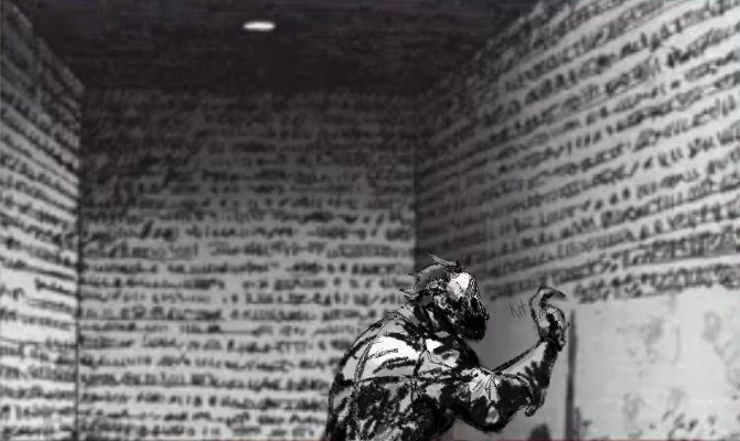 sneeg in my art style. he scribbles along the walls endlessly. 