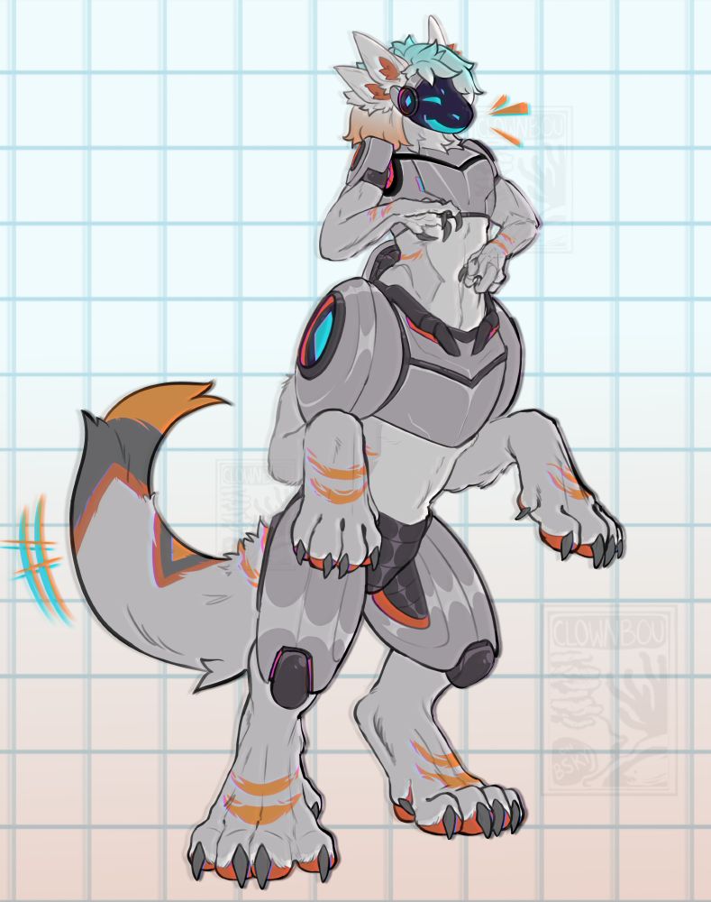 Same photo (with a VHS filter) of the orange, blue, and gray protogen centaur rears on its large hind legs. Their tail wags happily as they chuckle. 