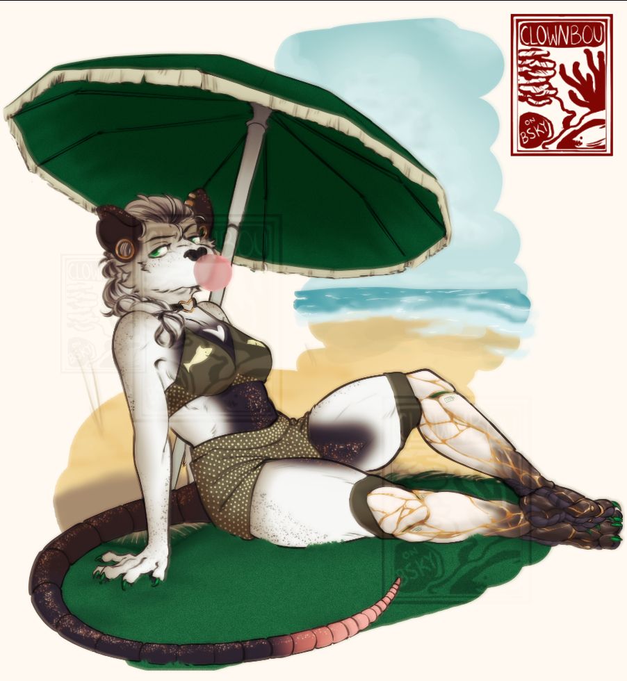 Same art piece but with a retro-orange filter.
A rat anthro lays on a green towel at the beach. She blows a bubble of gum while glaring at something off-screen. Her prosthetics are designed to be porcelain repaired with kintsugi. A green parasol covers her in soft shadow. 