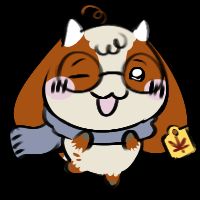 The same anthro from before in the Chiikawa art style. They wear a soft navy scarf and a yellow ear tag with a maple leaf painted on. 