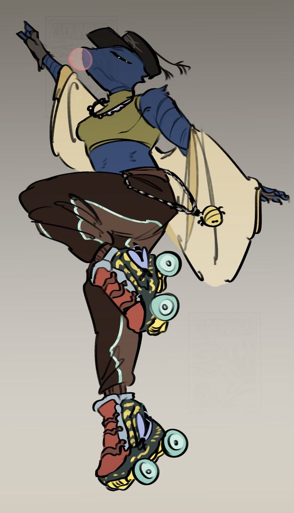 an anthro moth poses elegantly on roller-skates. They blow bubblegum and look down at the viewer with an indifferent expression. 
Their roller-skate patterns are based off of the wings of the moth they are based on, the Isis Lunar Moth 