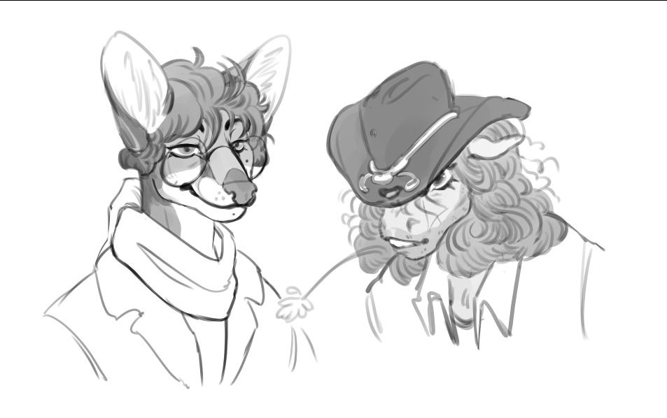 2 bust sketches of two anthro designs of the aforementioned cowboy and man. The cowboy is a horse with a piece of hay in their mouth, while the man is a fox with glasses perched on his snout. 