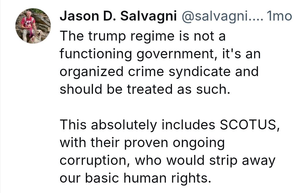 The trump regime is not a functioning government, it's an organized crime syndicate and should be treated as such.

This absolutely includes SCOTUS, with their proven ongoing corruption, who would strip away our basic human rights.