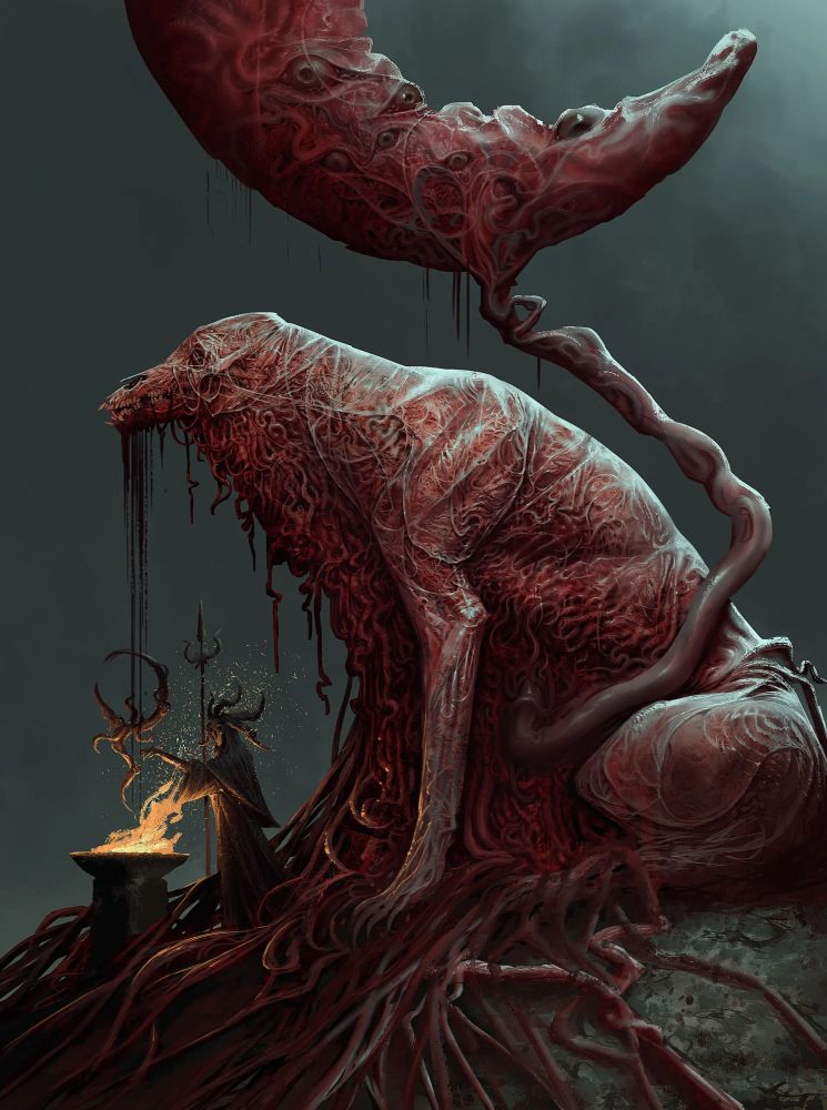 A doglike demon without skin. It looks very sinewy and vascular, blood is dripping from its mouth. An umbilical cord connects the creature to something obscure but equally horrible.