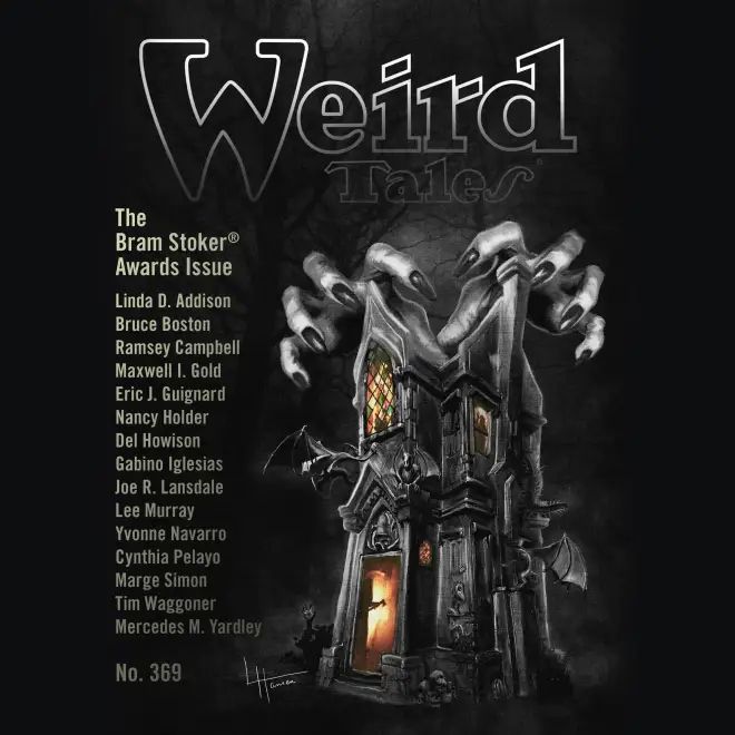 Cover for WEIRD TALES NO. 369, featuring a pair of gray, creepy hands with long black nails reaching over a mausoleum. Or a very narrow, two-story tall haunted as hell house.