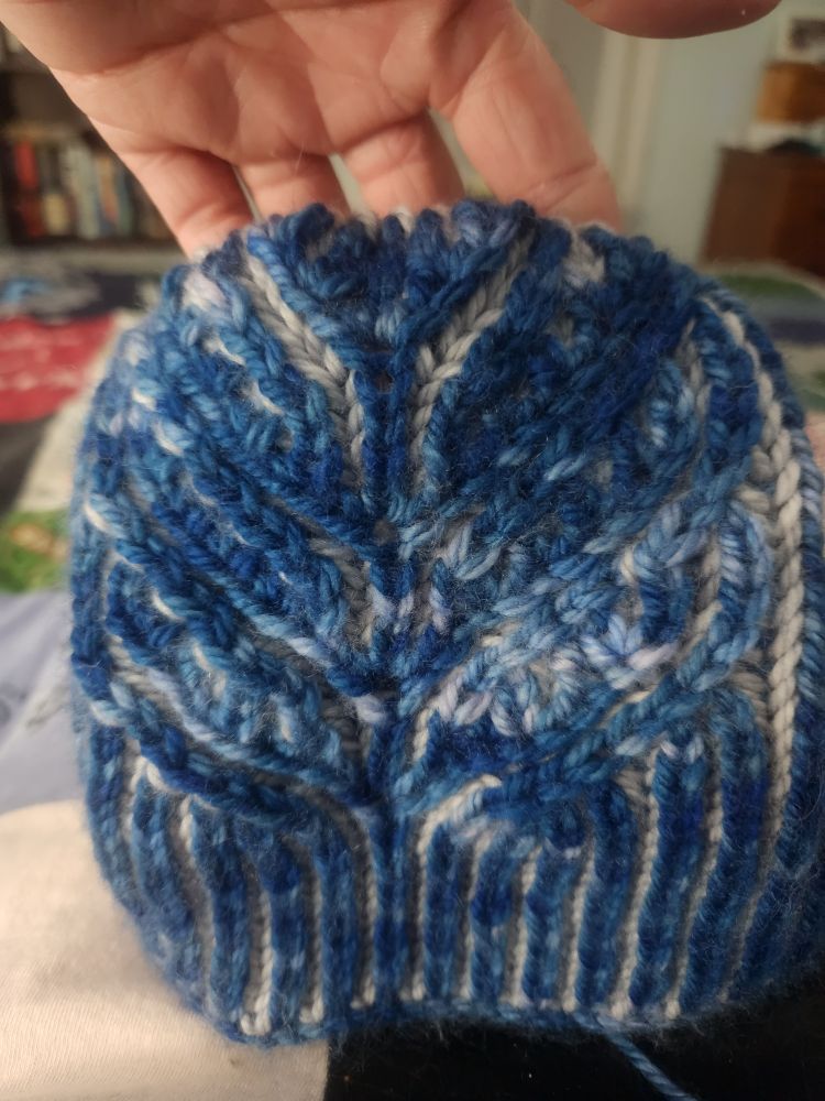 Blue and silver brioche knit beanie with floral motif, 3/4 of the way knit.
Pattern is Clara by Katrin Schubert.