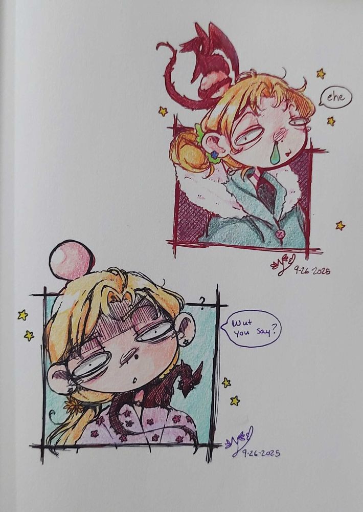 "What you say? This here ain't no goose egg, it's a dragon egg!"
I was in the bed when I sketched these, so I didn't take a pencil or erasure to any of this (I didn't want to risk getting erasure shavings in the bed, no thank you!). All done in colored ink pen and colored pencil! I had a lotl fun sketching in my bed but there are definitely spots where I messed up when I was drawing; I did my best to go with the flow and add onto it to make it better though.
I think it turned out pretty well in the end!