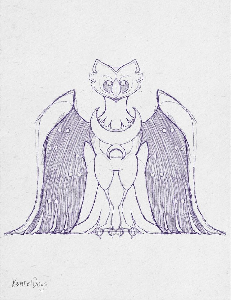 A spirit that resembles a very majestic looking barn owl. It has a crescent moon shaped crest on its chest and the inside of its wings are a black void through which eyes of unidentifiable creatures are seen glowing. 