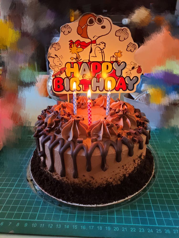 photo (irl) of a chocolate cake with 3 candles and a Snoopy happy birthday topper