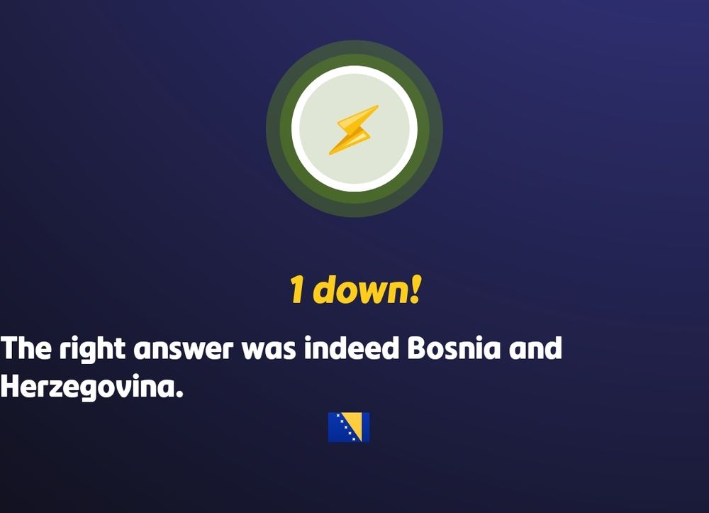 A screenshot from a "country streak" game on Geoguessr, confirming that I had correctly identified Bosnia and Herzegovina. 