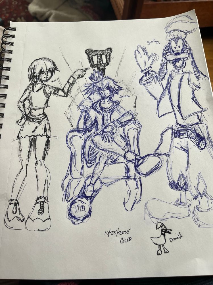 A hand-drawn sketch of three characters resembling Kairi, Sora, and Goofy in a playful composition, with Sora sitting in the center, Kairi pointing at a key above his head, and Goofy waving cheerfully. A small doodle of Donald Duck is also included at the bottom right.