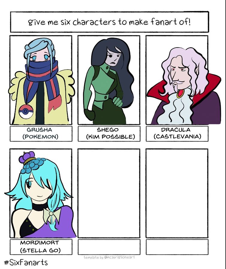 Six fanarts
1.Grusha
2. Shego
3. Dracula
4. Mordimort