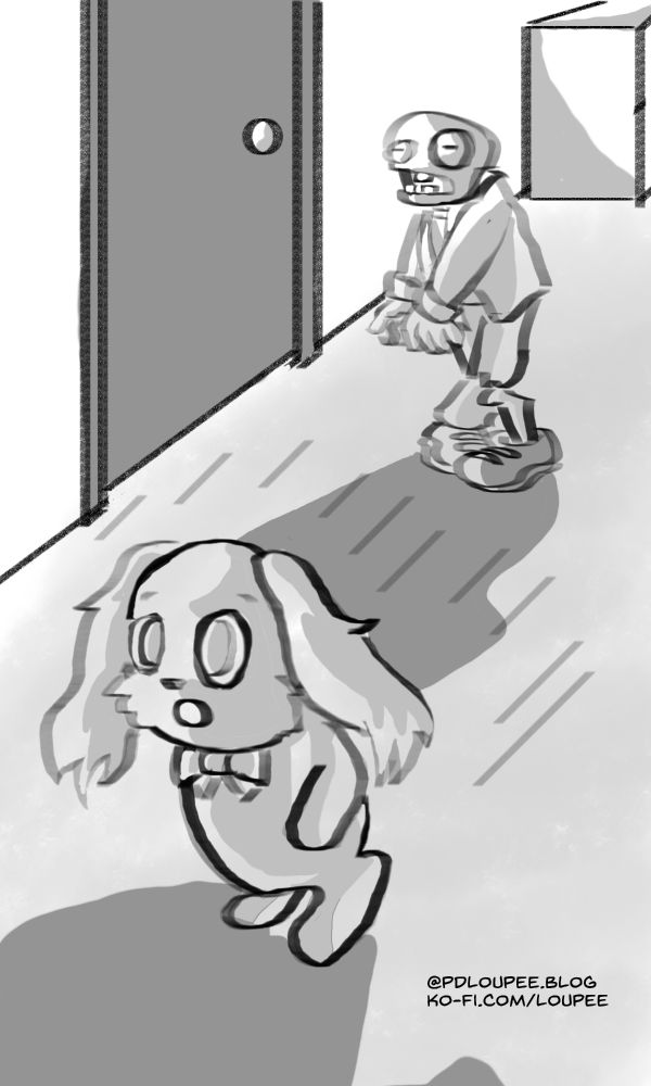 Cartoon drawing of a lil doggo critter fleeing from a zombie.