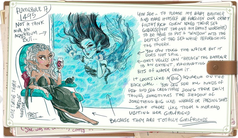 A fairy (her wings not showing) sitting on a pale wood armchair with teal velvet cushions.
She has tan skin with white freckles, wavy gray hair with some braids and a forest green vaporous dress with white accents. She has pale markings in her hands and a cup of burgundy liquid in her left. 
There is a window to an aquarium-like affix where a mermaid is swimming. She has her hands propped against the window-like surface. Her chest is covered in kelp algae or something similar. Her long black hair floats upwards.

They smile at each other.